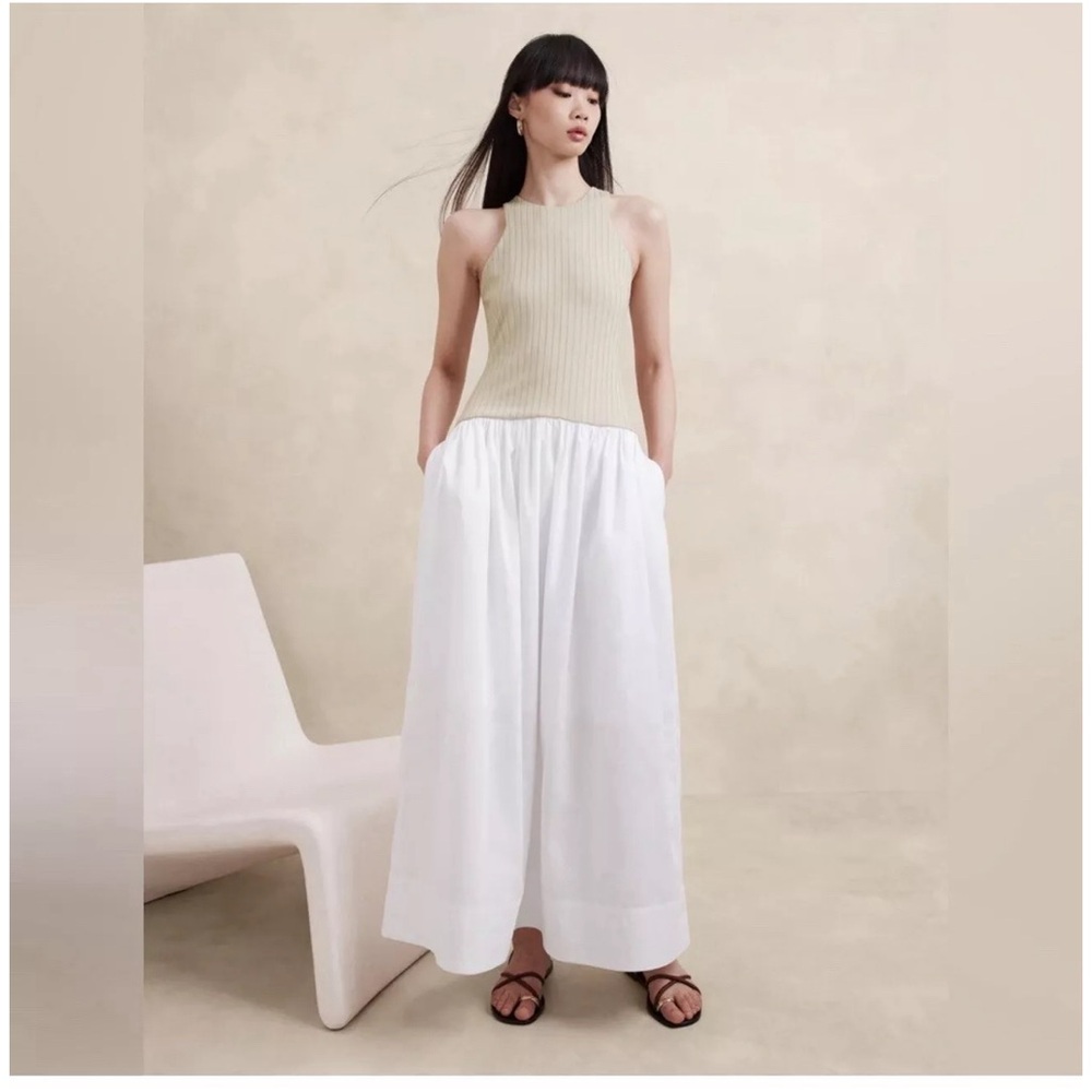 Banana Republic Ribbed Racerback Tank Drop Waist Maxi Dress Tan/White